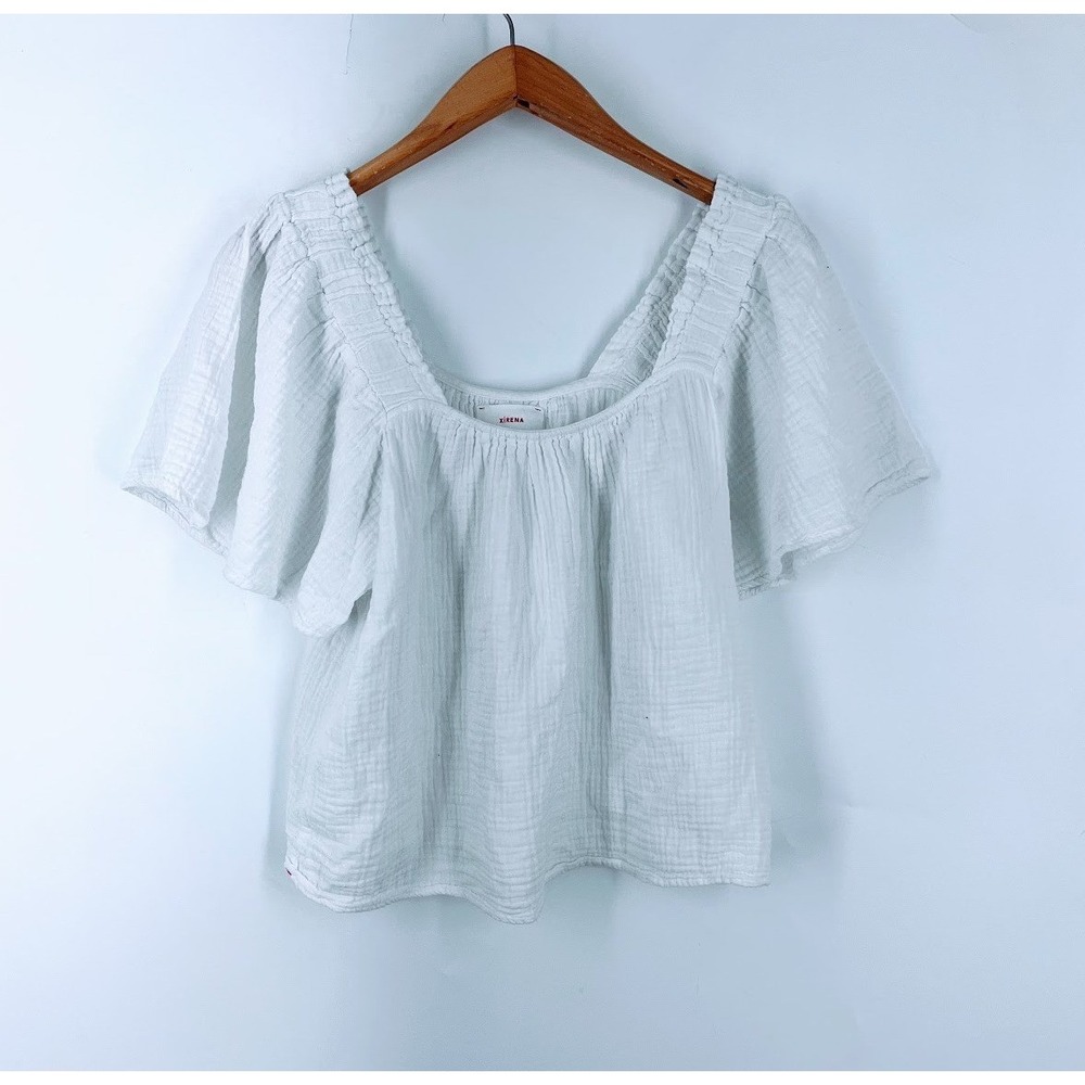 Xirena White Cotton Gauze Flutter Sleeve Square Neck Top Large Made in USA